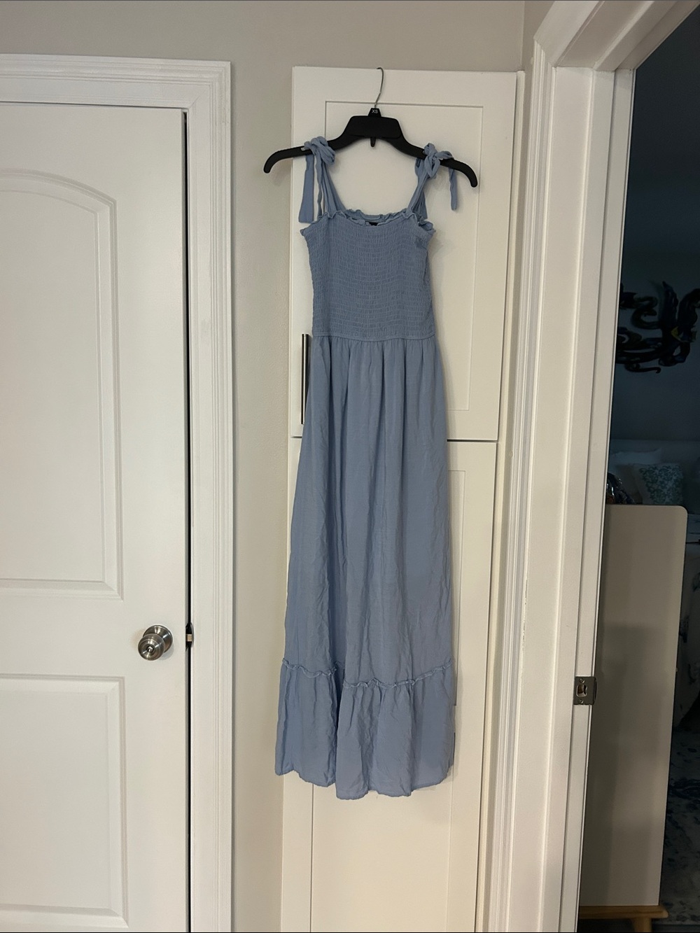 Smocked Tie-Shoulder Maxi Dress in Light Blue